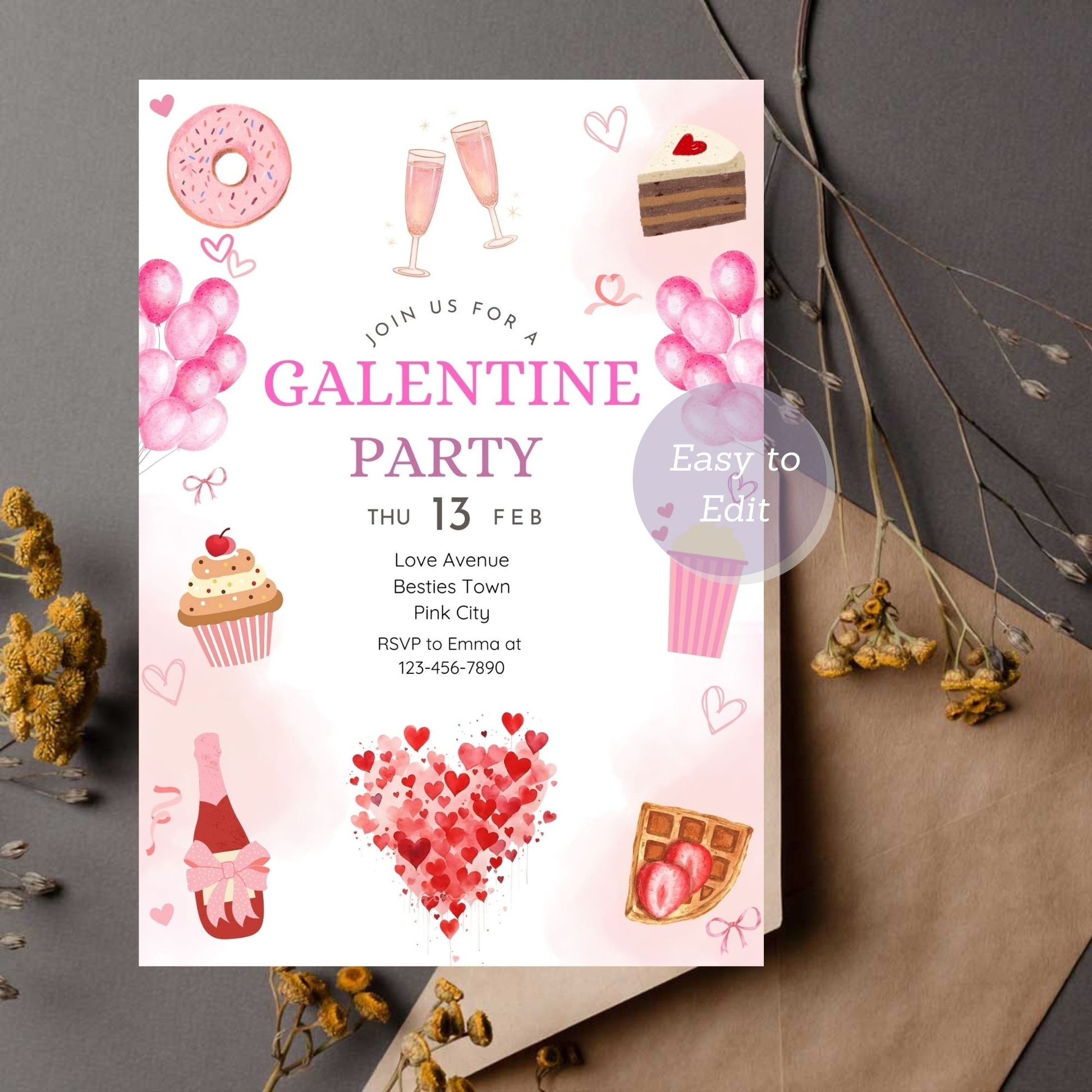 Elegant pink Galentine’s celebration card for friends.
