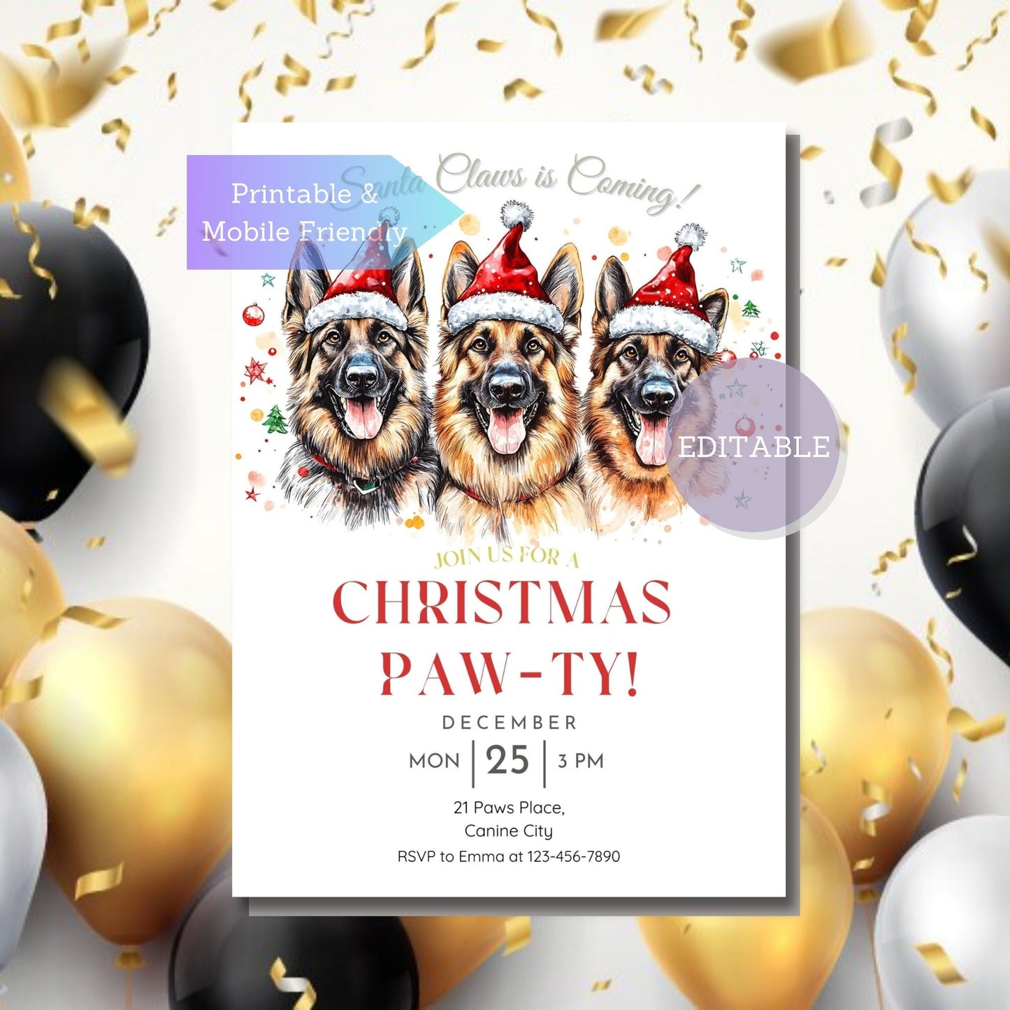 Mobile-friendly German Shepherd Christmas invitation template for Canva