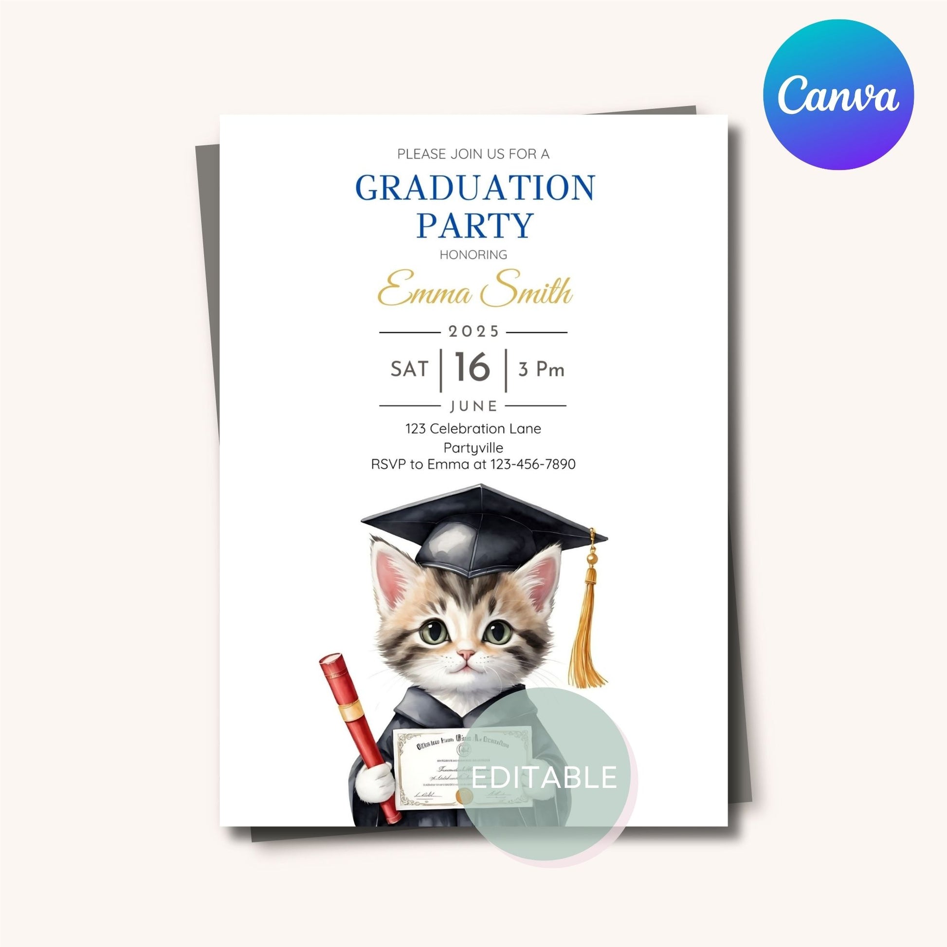 Canva editable graduation invitation template featuring kitten