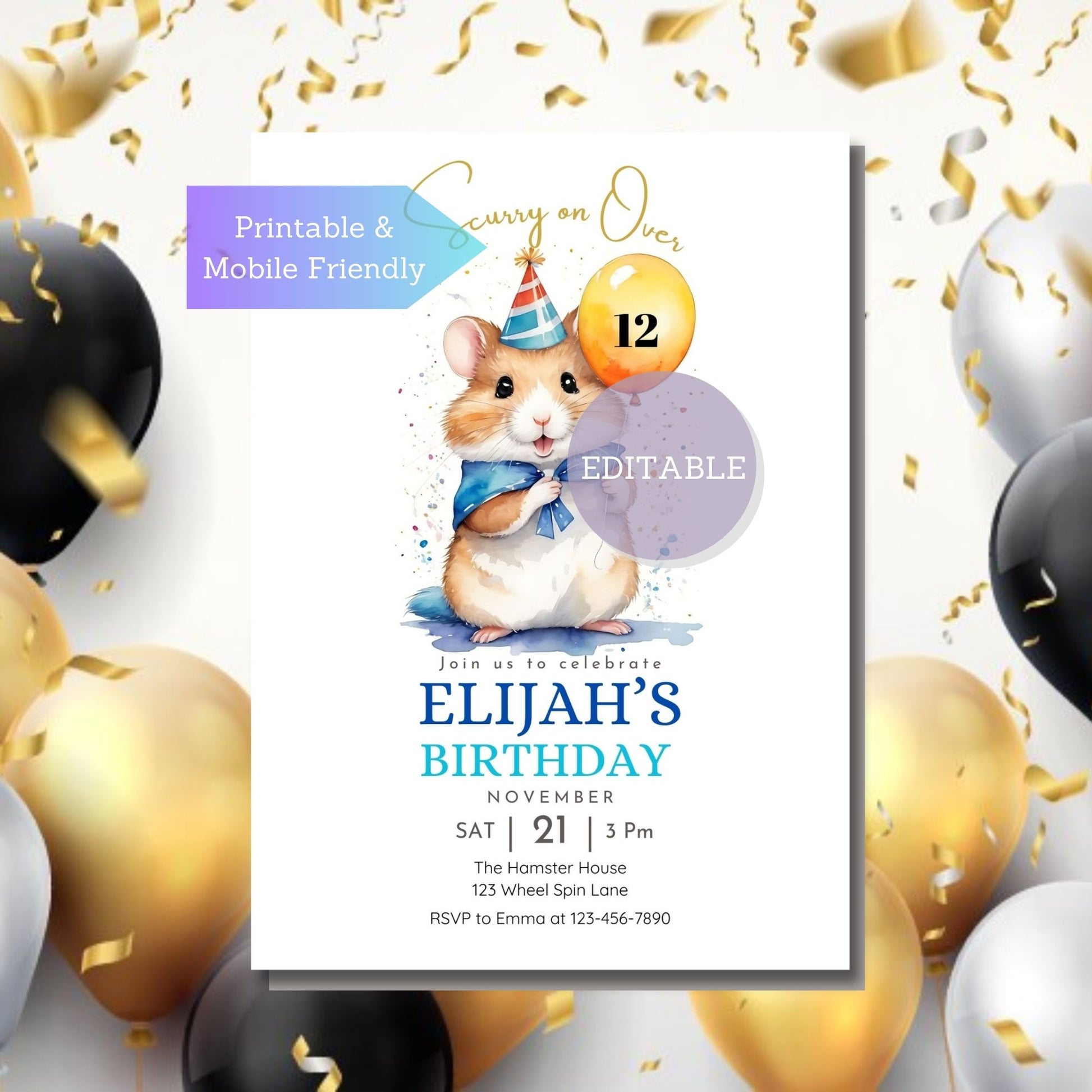 Birthday invitation featuring a hamster and balloon with customizable age, digital and printable format