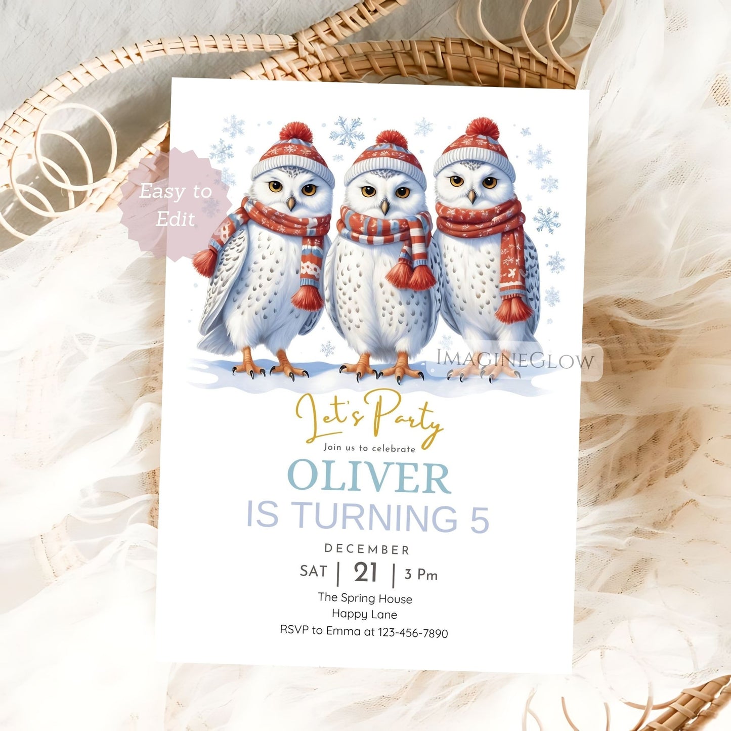 snowy owls birthday invitation winter theme
