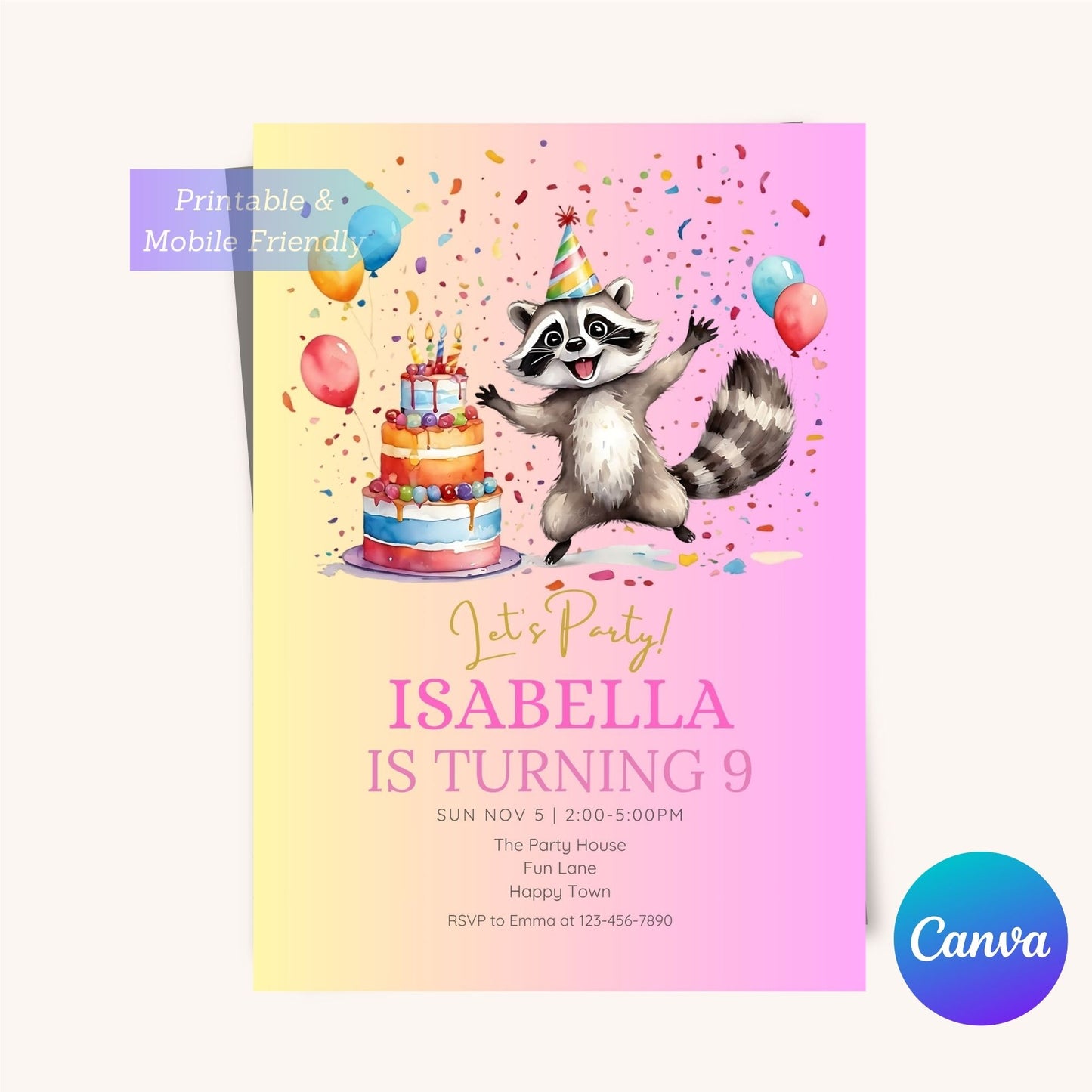 Raccoon Birthday Invitation - Cute Animal Party Invite