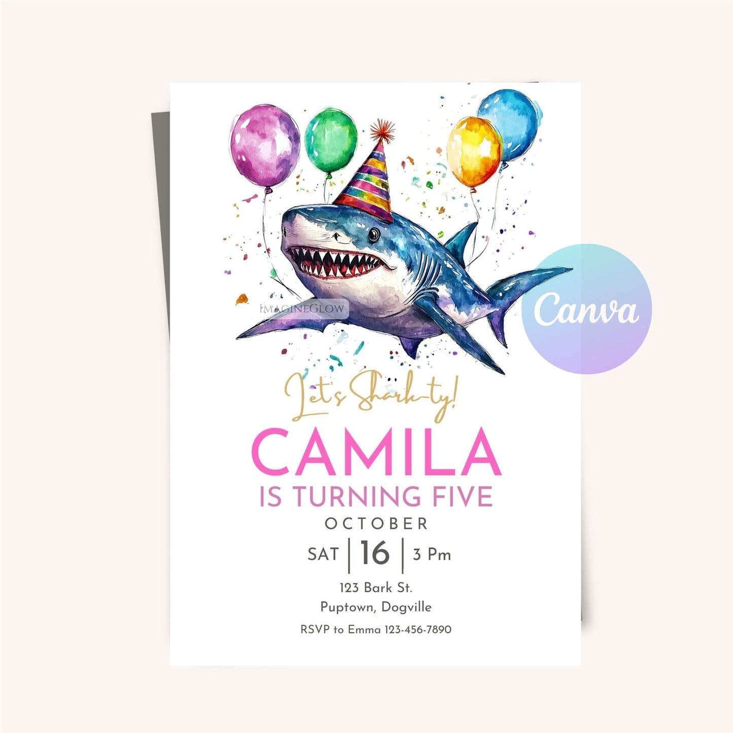 Shark birthday invitation with festive balloons
