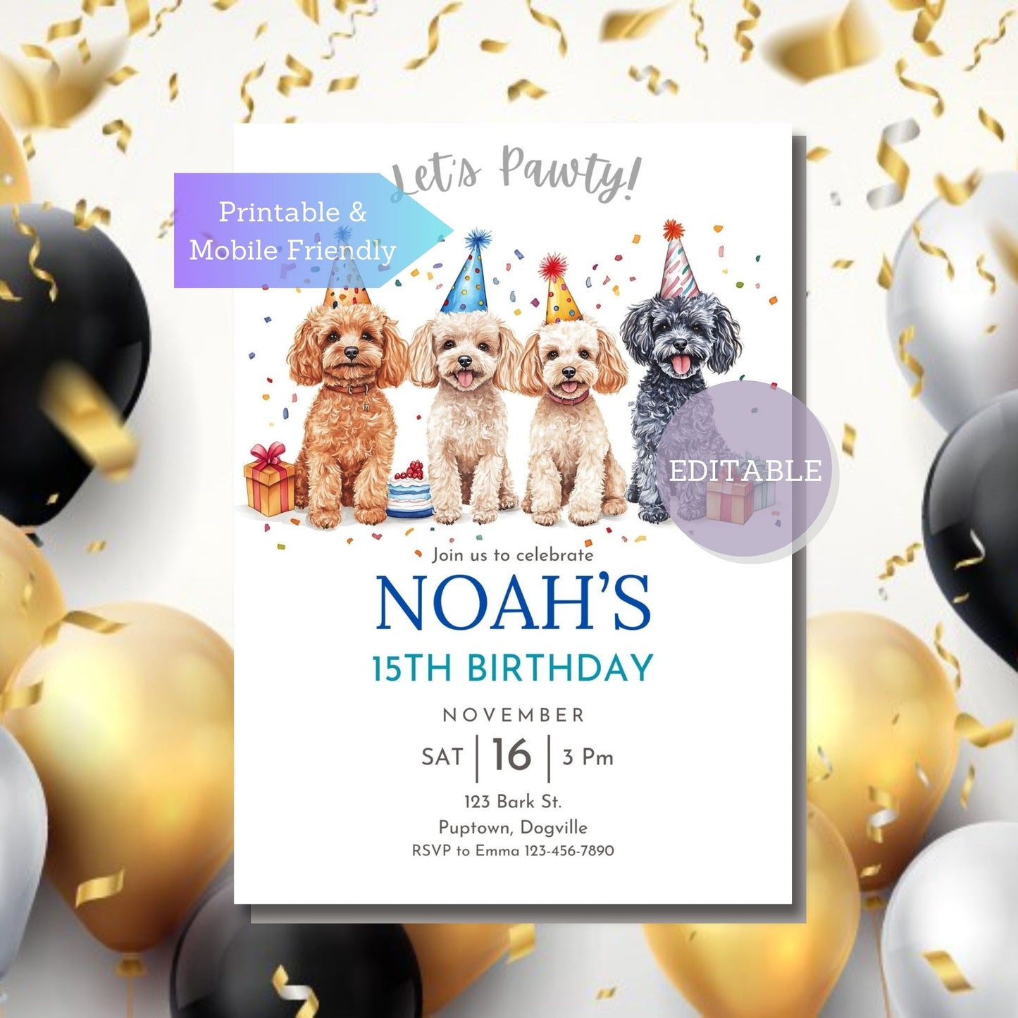 Toy Poodle birthday invitation with customization options for name and age