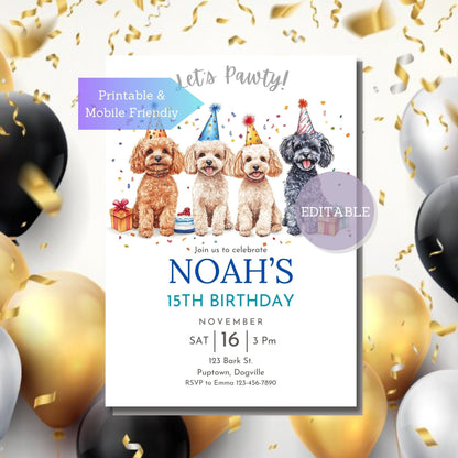 Toy Poodle birthday invitation with customization options for name and age