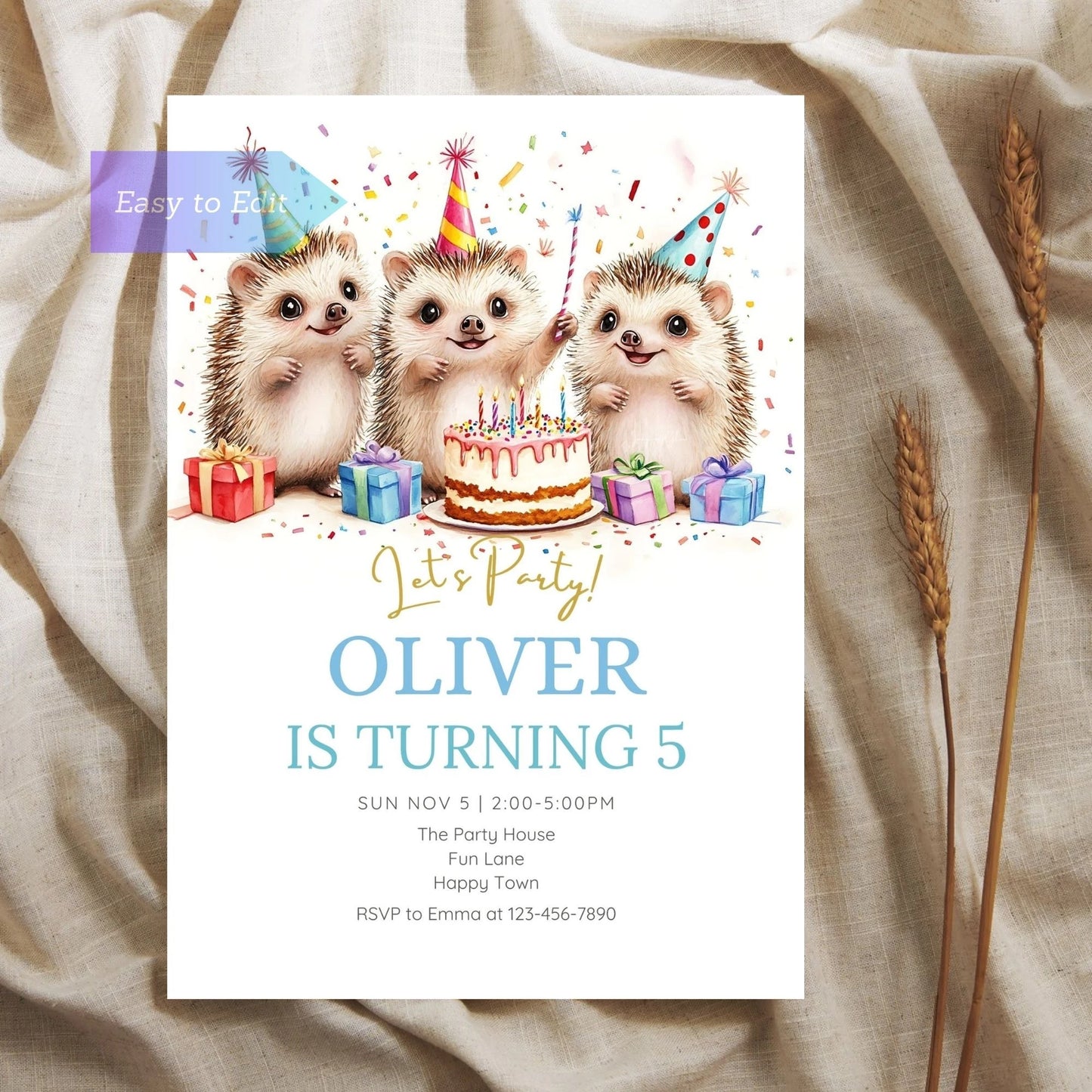 Fun and charming hedgehog-themed party invitation for kids.
