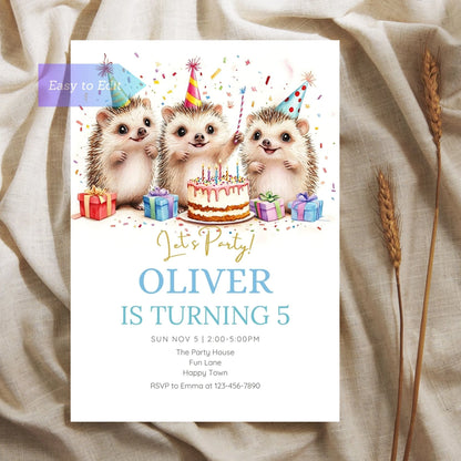 Fun and charming hedgehog-themed party invitation for kids.
