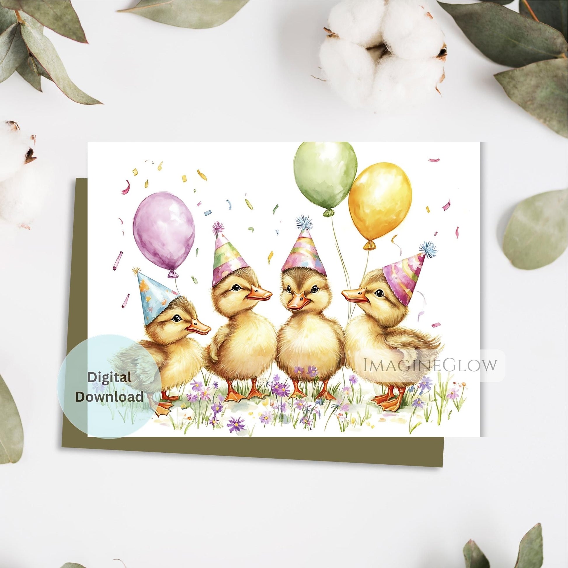 Digital download card with four ducks wearing party hats and balloons on a white background.