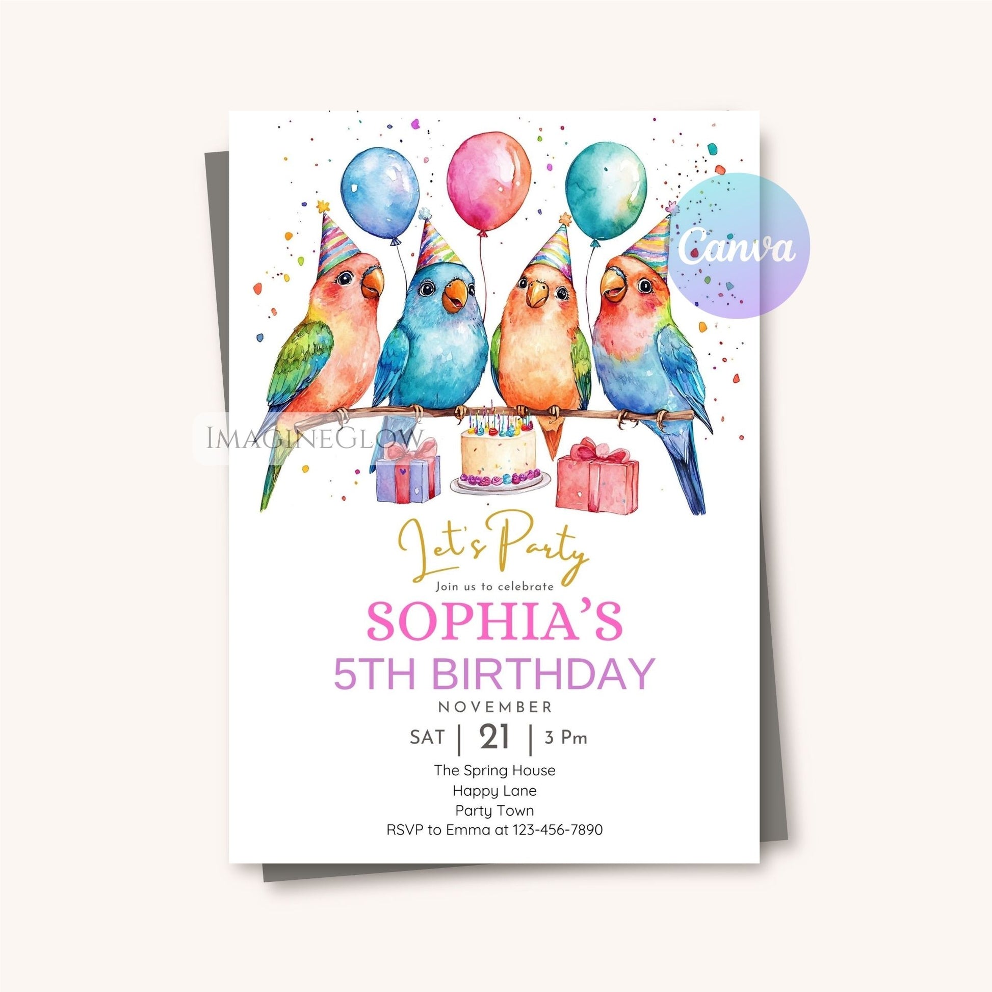 Lovebird themed birthday card for kids
Sweet tropical bird birthday invitation
