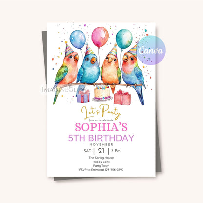 Lovebird themed birthday card for kids
Sweet tropical bird birthday invitation
