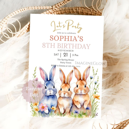 Birthday party invitation with three rabbits and floral elements on a white background.
