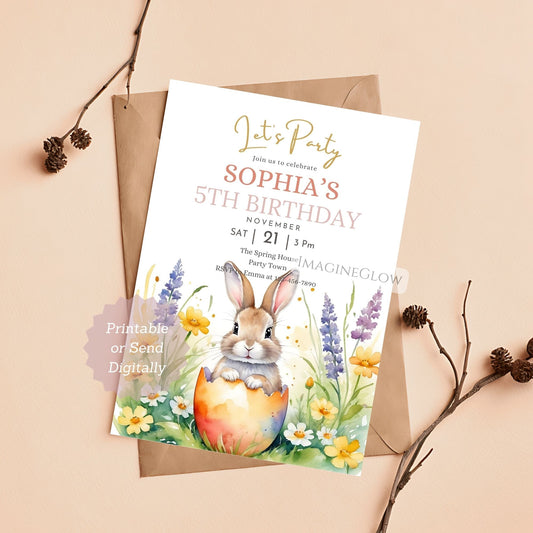 Birthday invitation card with a rabbit and Easter egg design on a beige background
