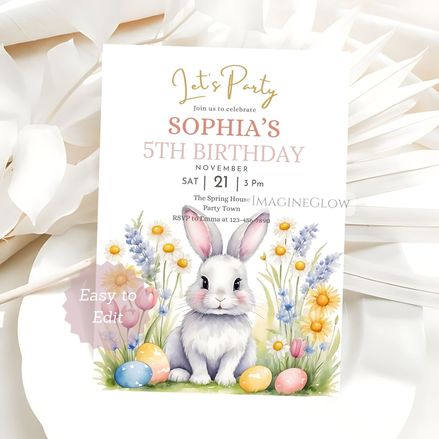 editable bunny birthday invitation
kids garden animal party invite
printable rabbit wildflower invitation
