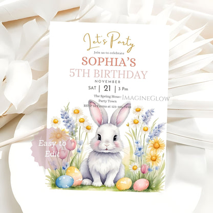 editable bunny birthday invitation
kids garden animal party invite
printable rabbit wildflower invitation

