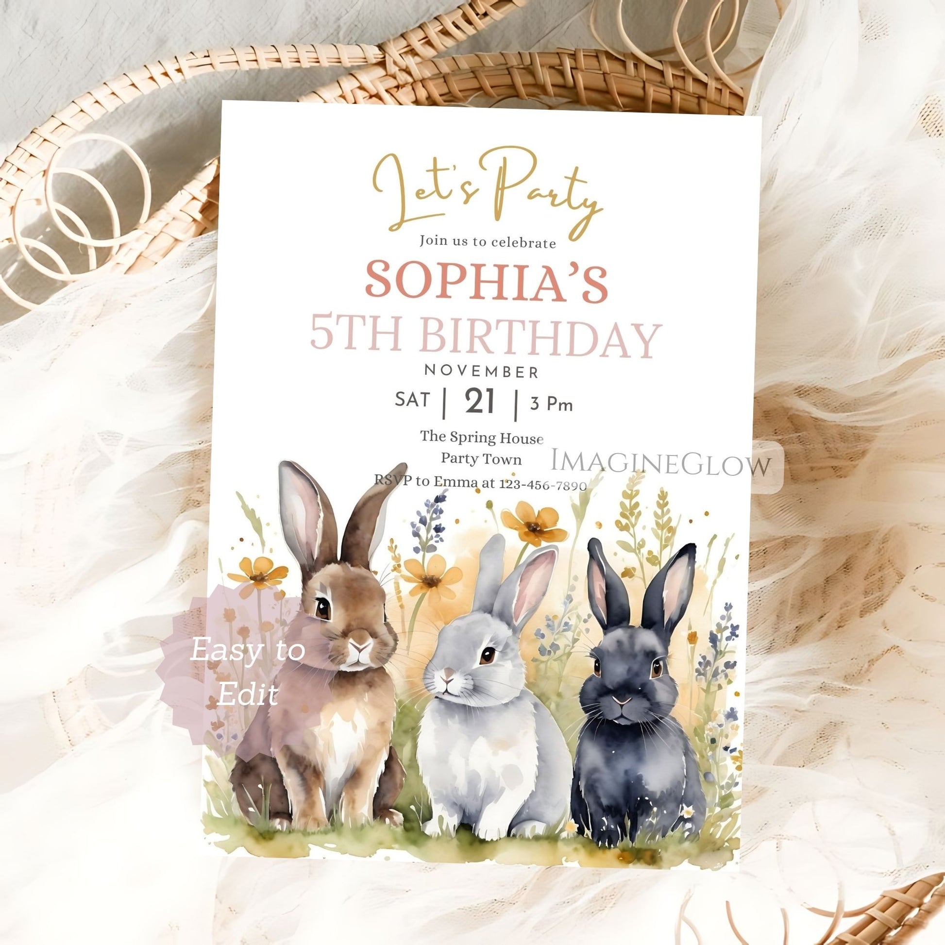 bunny birthday invitation
editable rabbit party invite
