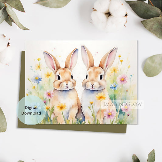 Digital download card with two rabbits and flowers on a white background