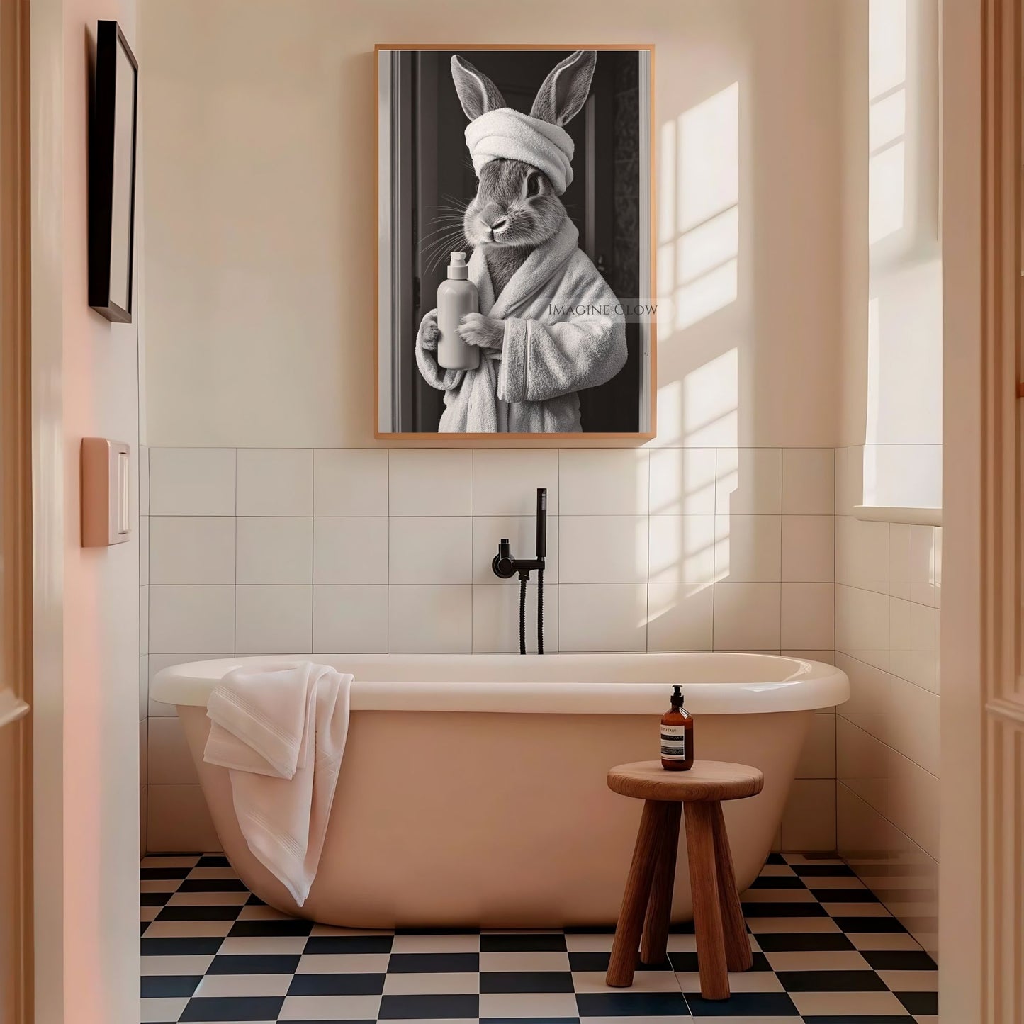 Bathroom bunny art holding soap bottle for restroom
