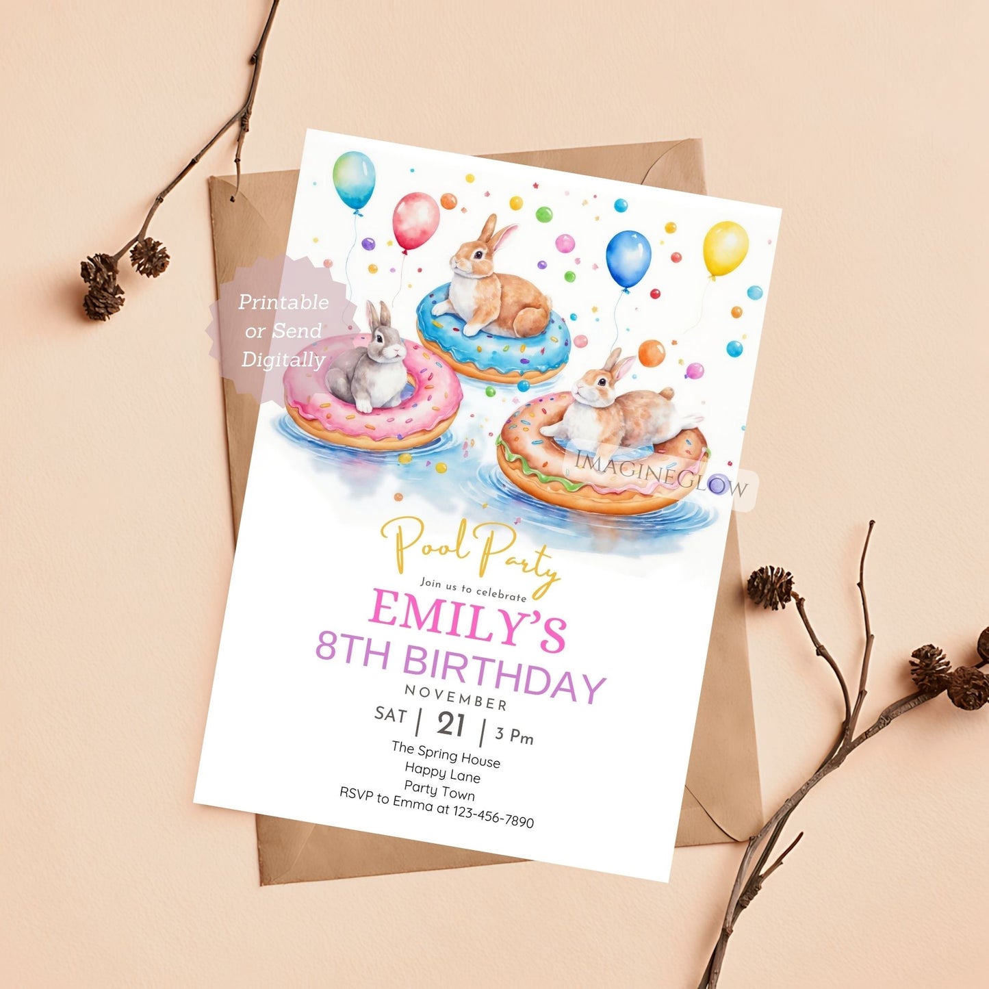 Bunny pool party birthday invite digital
