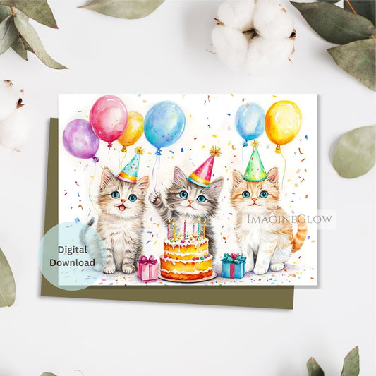 Birthday card with three kittens, balloons, and a cake on a white background.