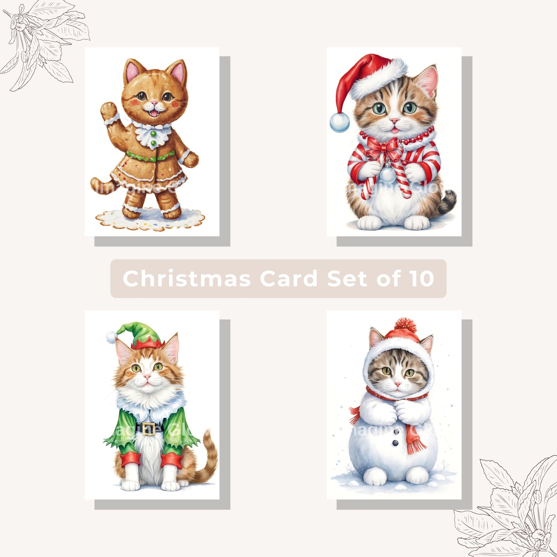 Set of 10 Printable Cat-Themed Holiday Greeting Cards
