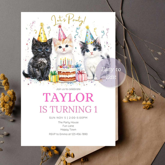 Kitty cat lover party invitation for kids and adults.
