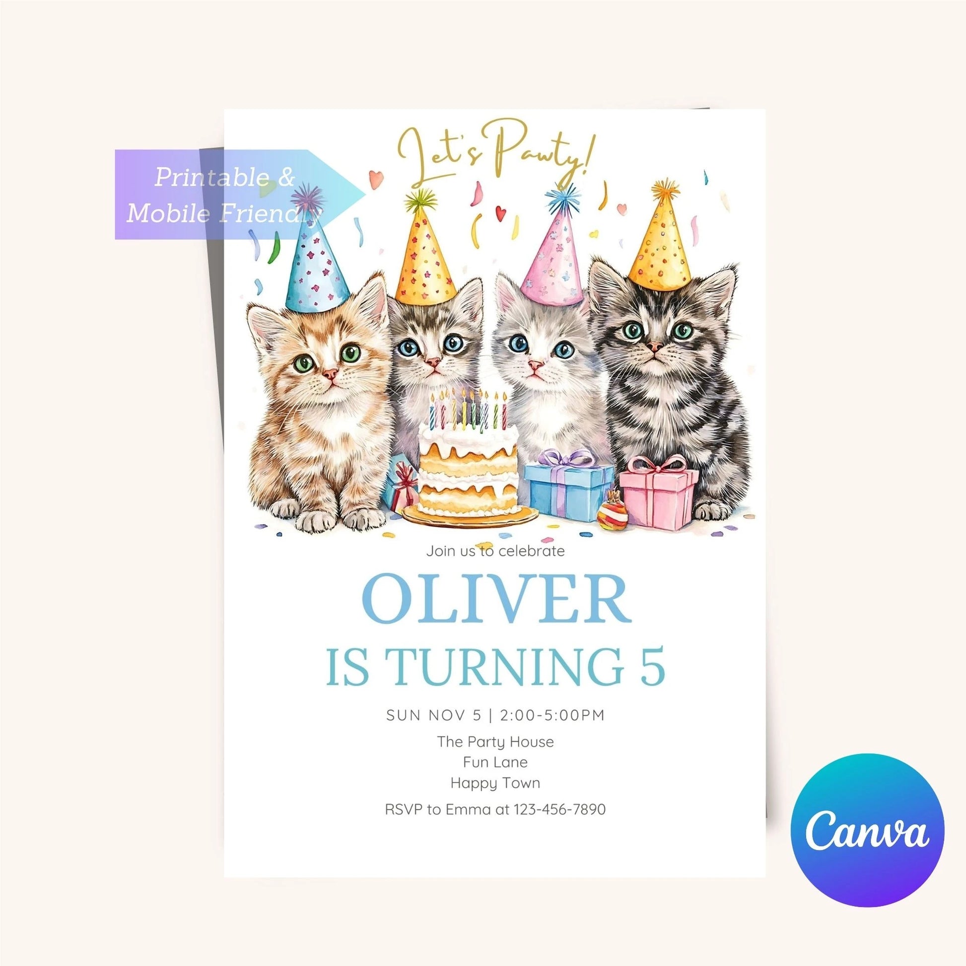 Whimsical cats birthday party invitation for feline enthusiasts.
