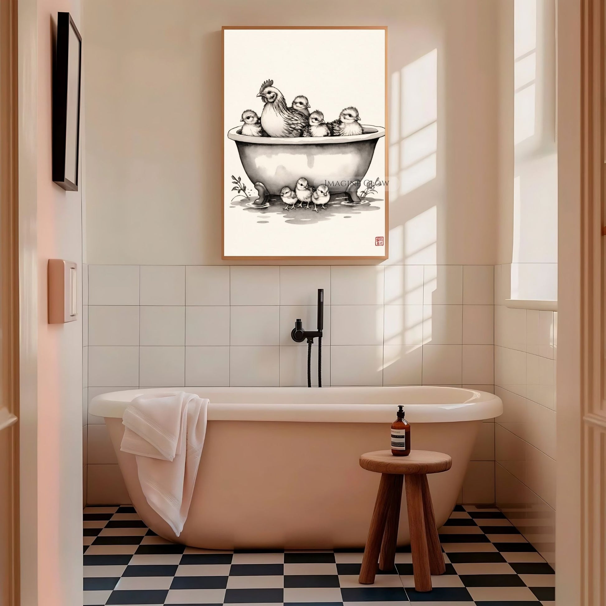 Vintage-inspired chicken bathroom print with hen and chick
