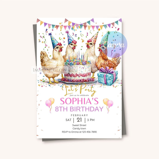 Birthday party invitation with chickens around a cake, colorful balloons, and confetti on a white background.
