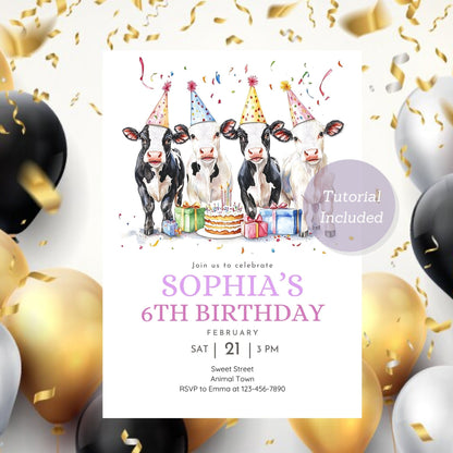 Editable farm animal birthday invite with a cow design.
Farmyard party invitation for a fun kids' birthday celebration.
