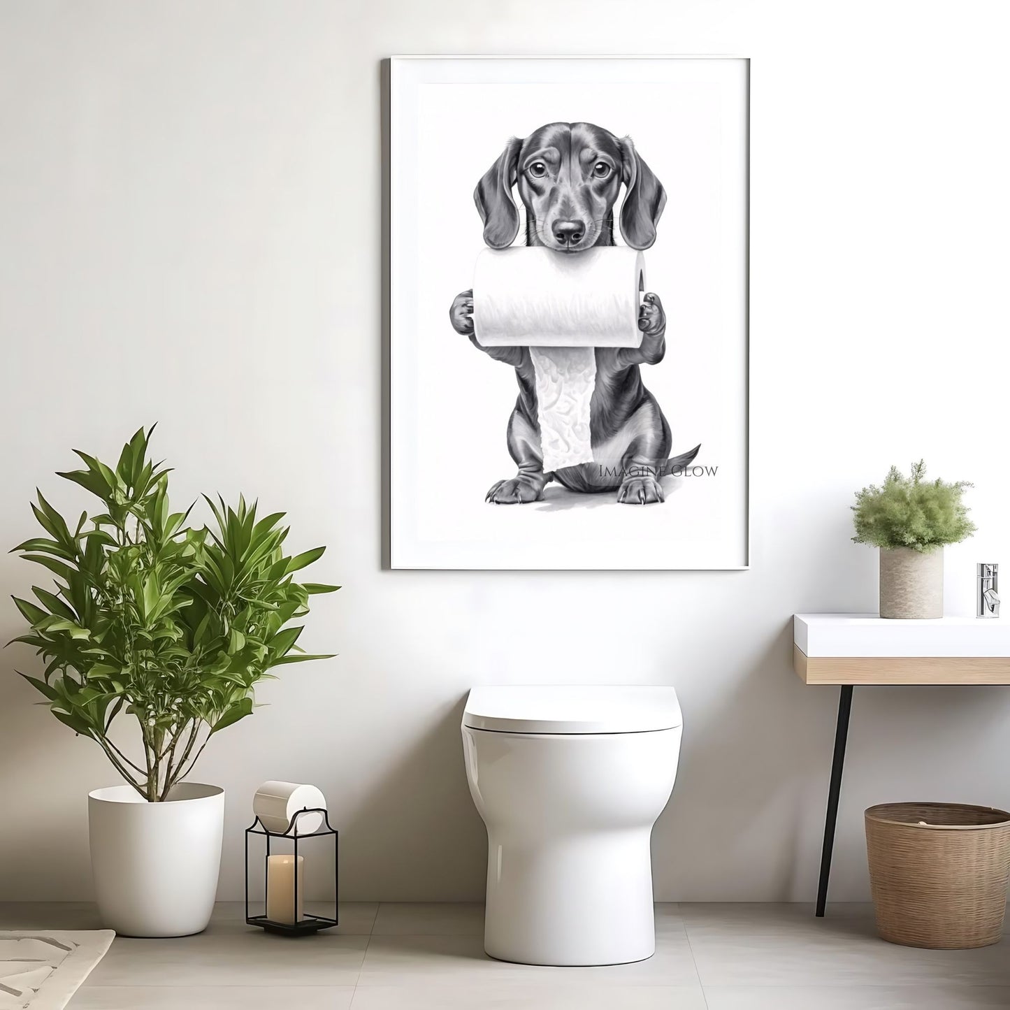 Funny Dachshund bathroom wall art with a dog holding toilet paper.
