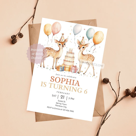 Cute deer birthday invitation digital download
