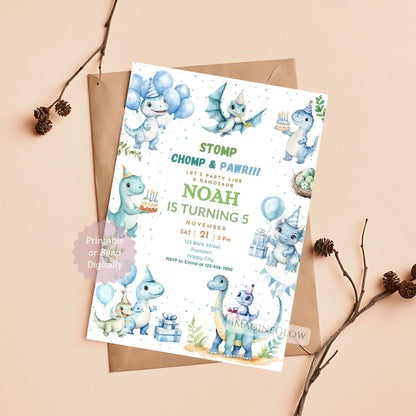 Dinosaur Birthday Invitation - Blue Theme Party Invitation