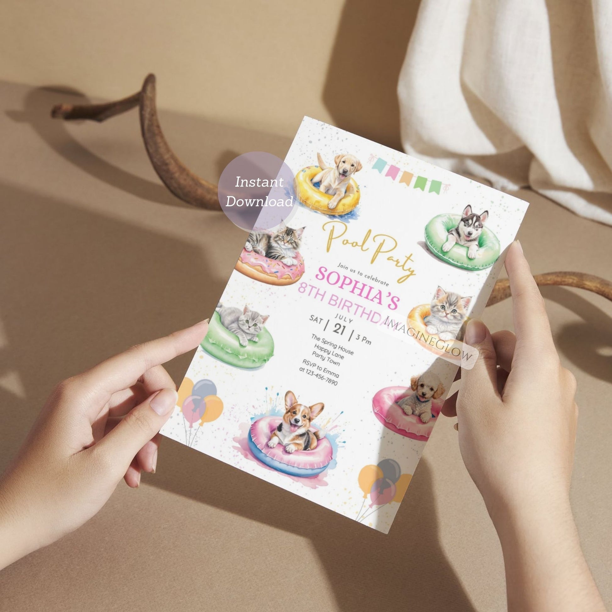 cute dog and cat pool party invite for kids
editable summer beach party birthday invitation

