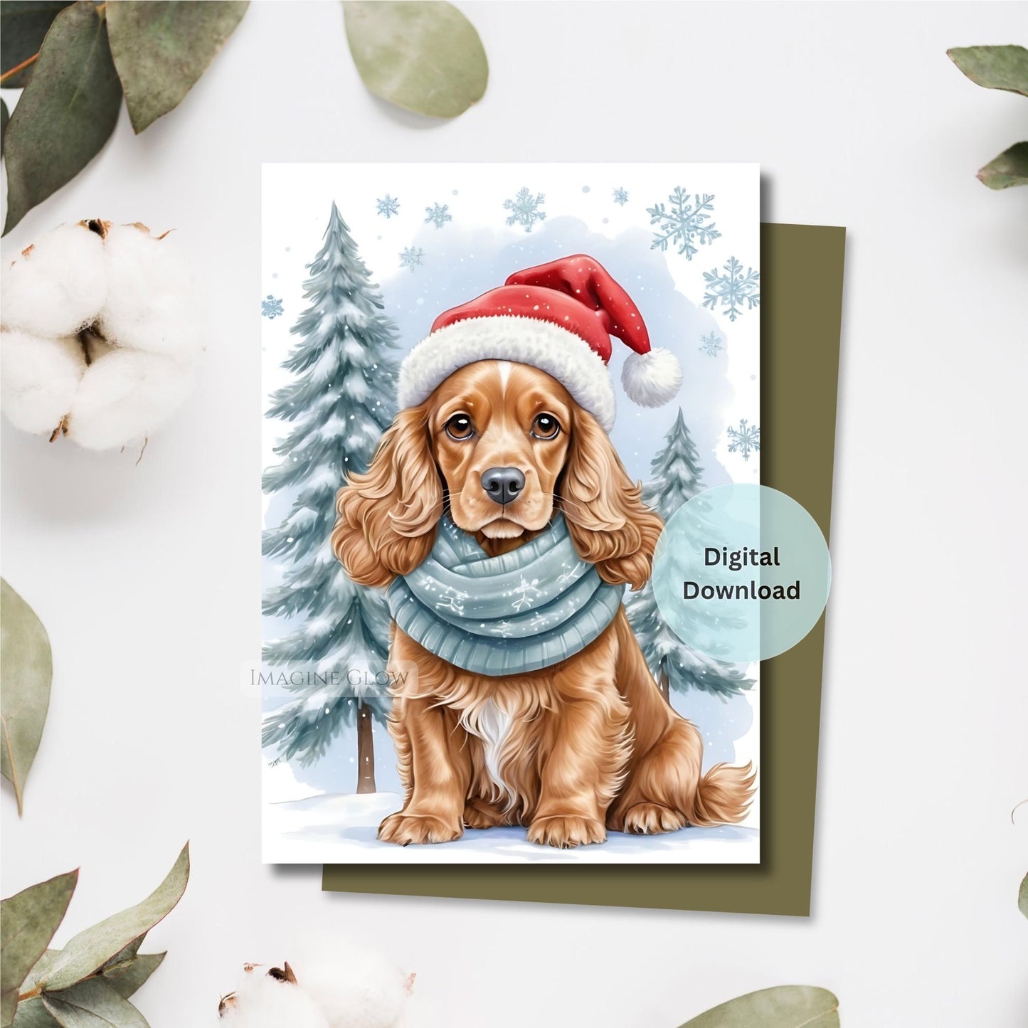 Digital download card with a dog wearing a Santa hat and blue scarf in a snowy landscape.