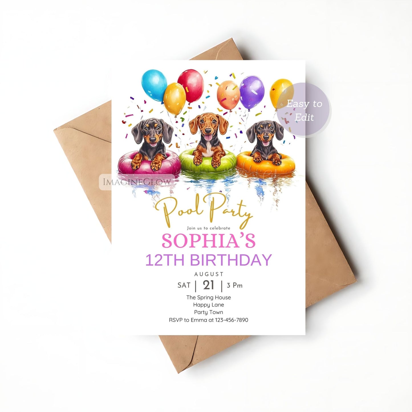 Cute Dachshund floating in a pool on a birthday invitation.
