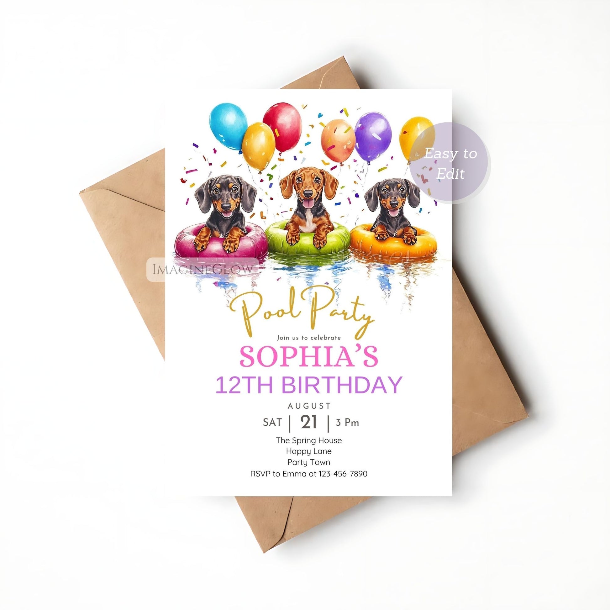 Cute Dachshund floating in a pool on a birthday invitation.
