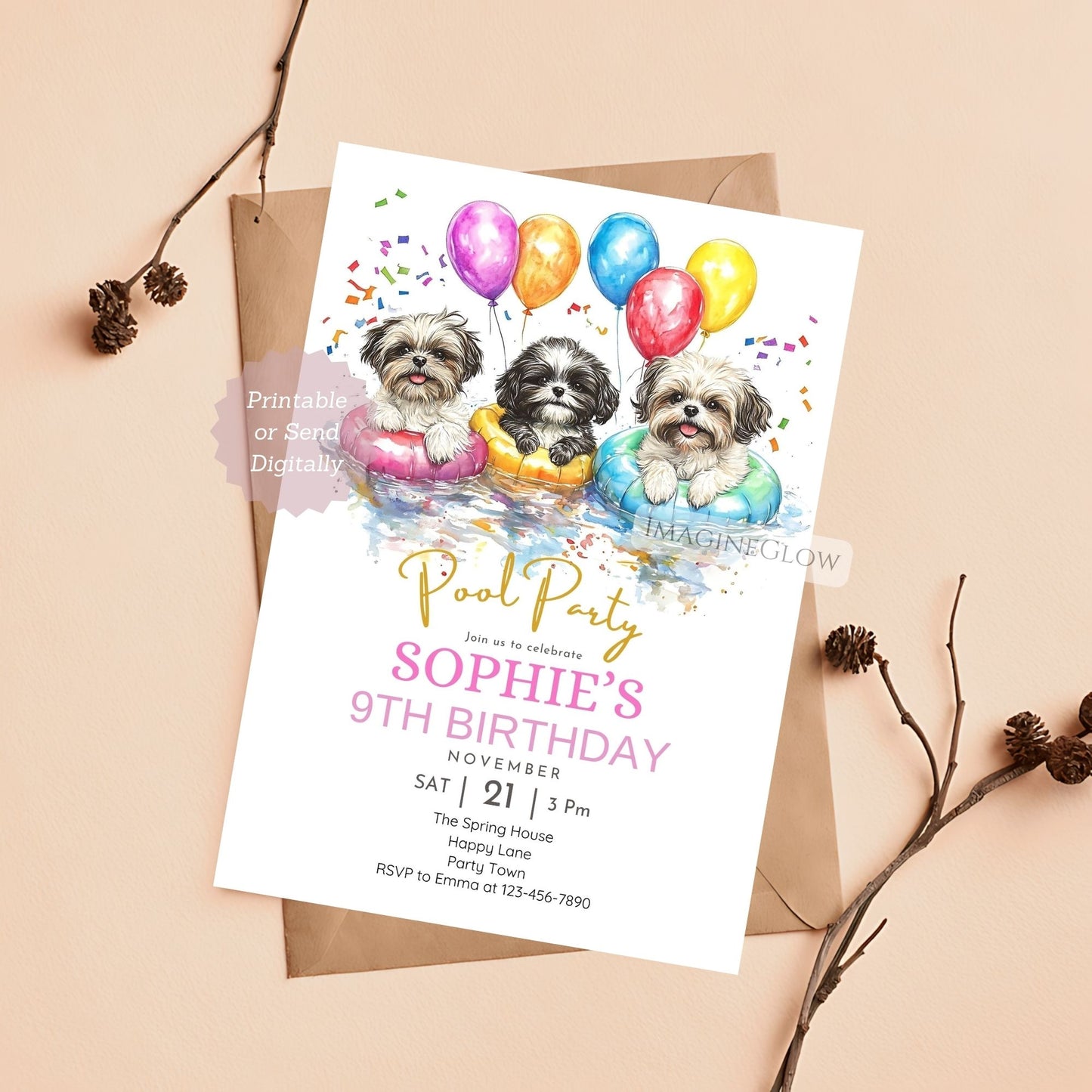 Cute Shih Tzu floating in a pool on a birthday invitation.

