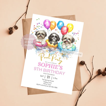 Cute Shih Tzu floating in a pool on a birthday invitation.
