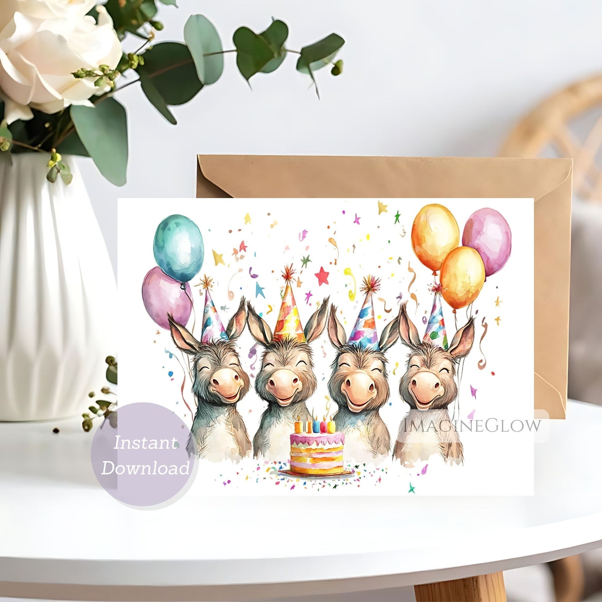 barnyard birthday printable card
rustic donkey birthday greeting
country theme donkey card
