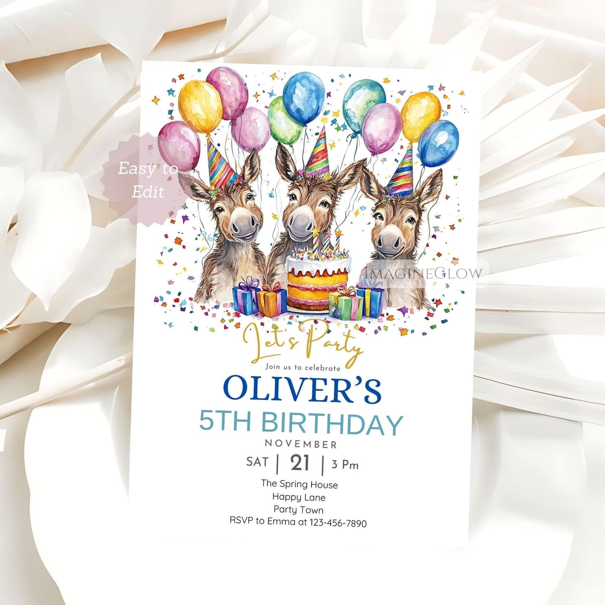 Canva editable donkey party card
