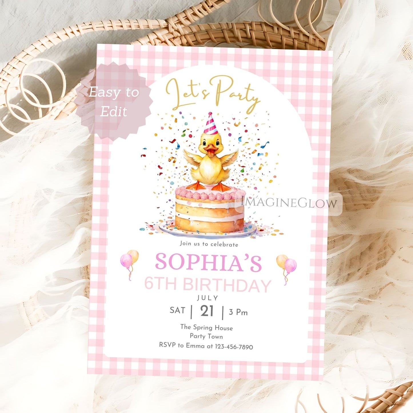 Birthday invitation card with a duck on a cake, surrounded by balloons and confetti, on a checkered background.