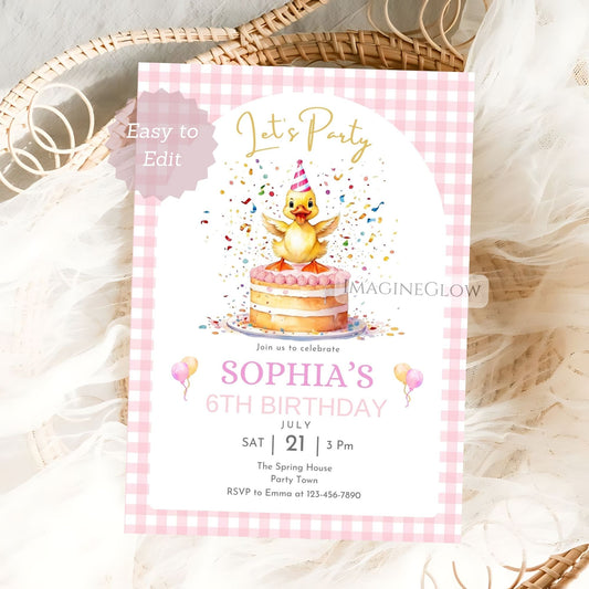Birthday invitation card with a duck on a cake, surrounded by balloons and confetti, on a checkered background.
