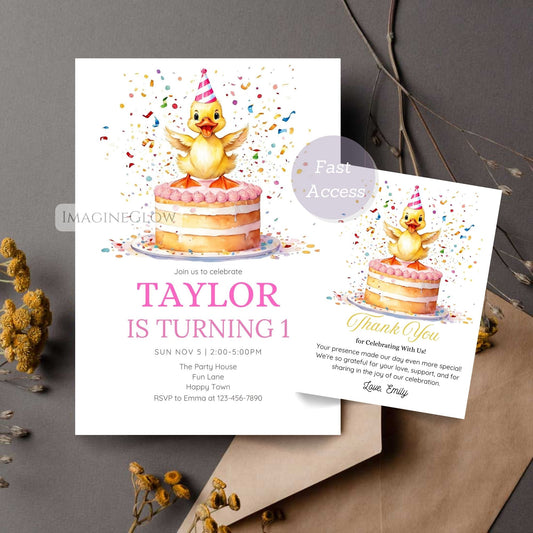 Duckling Birthday Invitation & Thank You Card - Cute Spring Party Set