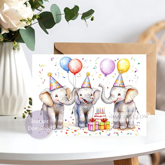 Greeting card with three elephants celebrating a birthday, surrounded by balloons and a cake, on a white surface.