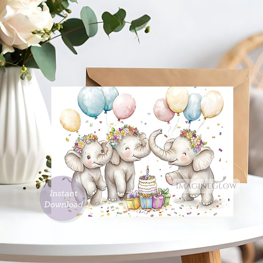 Greeting card with three elephants holding balloons and a cake, on a white surface with flowers in the background.