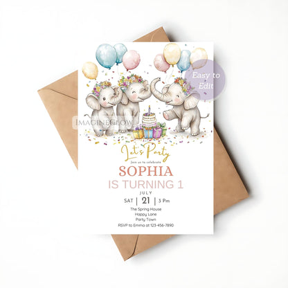 Cute elephant party invite digital download
