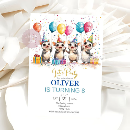Whimsical sugar glider birthday invitation editable
