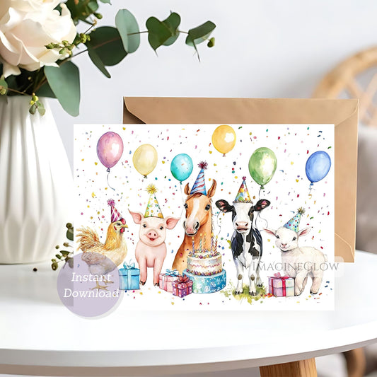 Birthday card with animals wearing party hats and balloons on a white surface.