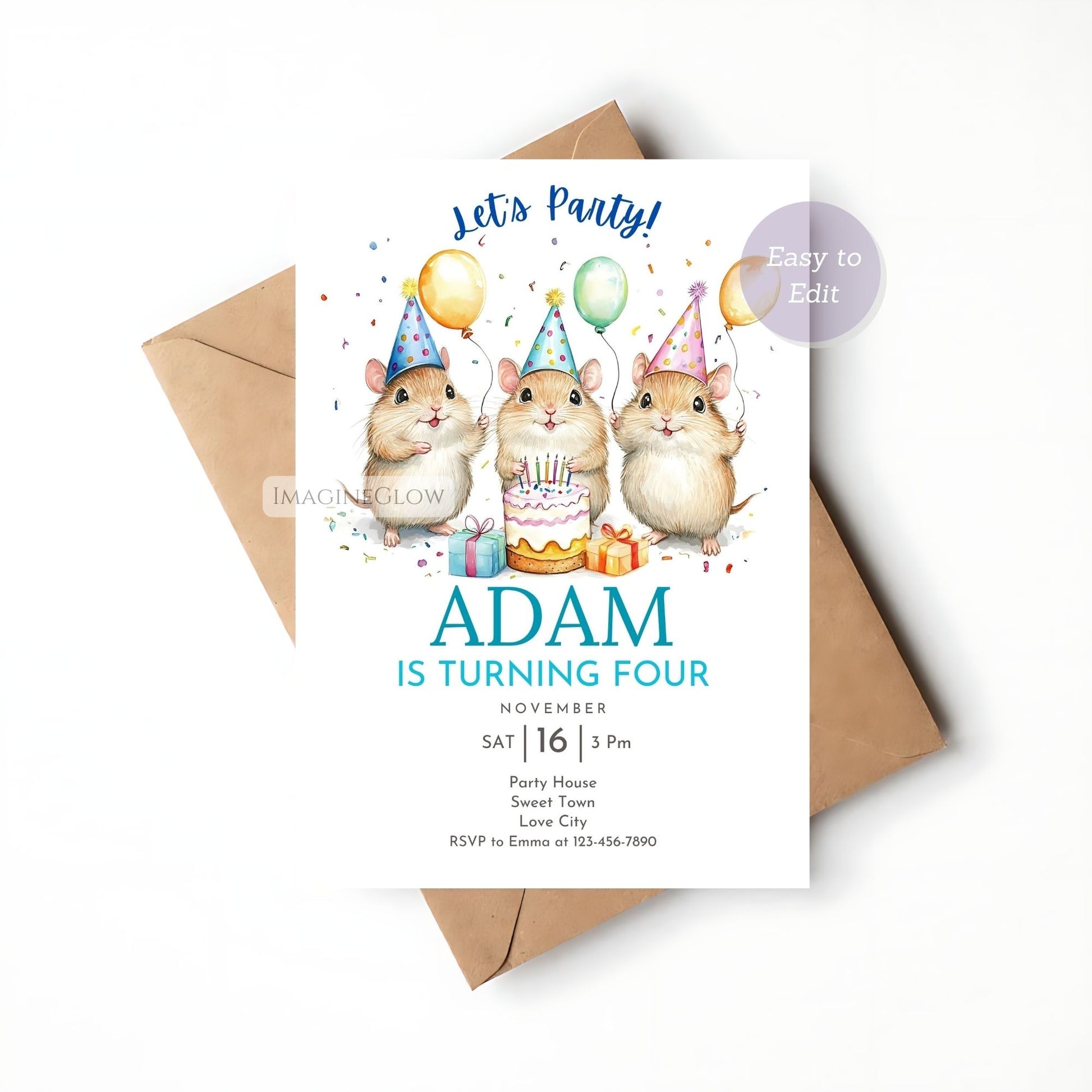 Editable Field Vole Birthday Invite - Animal Party
