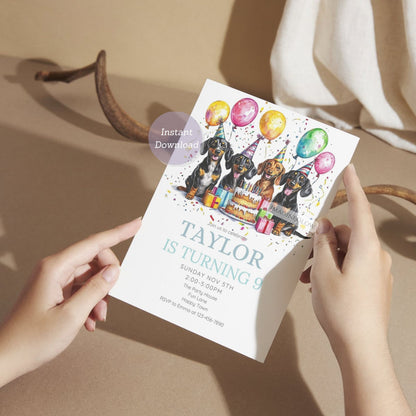 Printable wiener dog birthday invitation with four puppies
